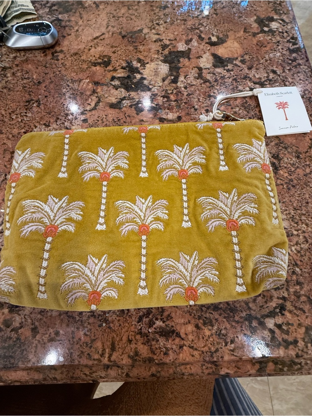 Embroidered Palm Tree Velvet Pouch - Mustard Elizabeth Scarlett